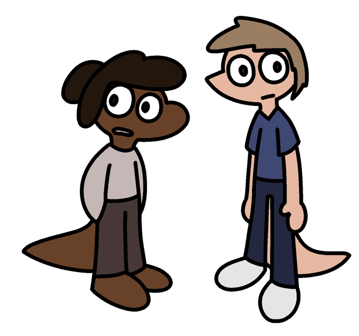 Two humanoid lizards with human skin & hair colors: one with dark skin, round hair, wearing tan and gray with bare feer, and another with light skin, pointy hair, and blue clothing