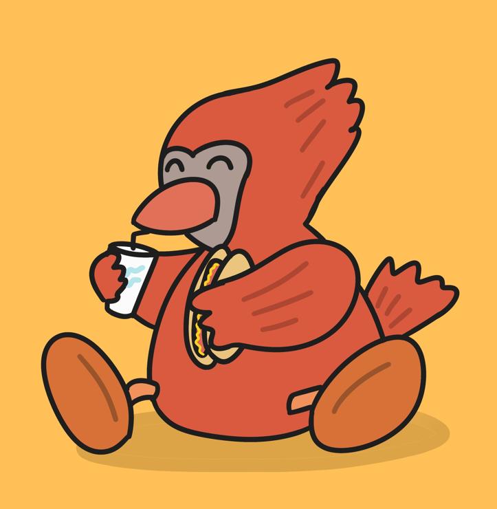 A cute cartoon cardinal holding a hot dog and drinking pop