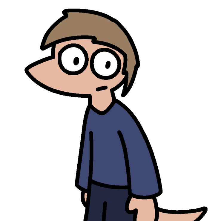 A simple drawing of a white guy with a lizard snout and tail wearing blue and leaning slightly forward