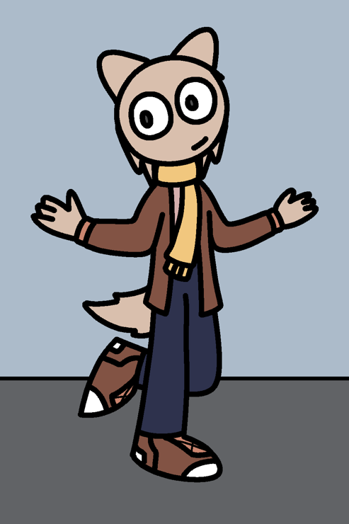 Leaf, a beige furry biped, wearing a brown jacket, a pale yellow scarf, brown shoes, and dark blue pants
